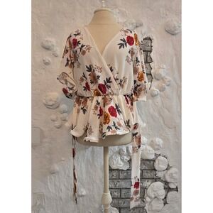 Zaful Floral Surplice Wrap Peplum Blouse White Red Orange XL